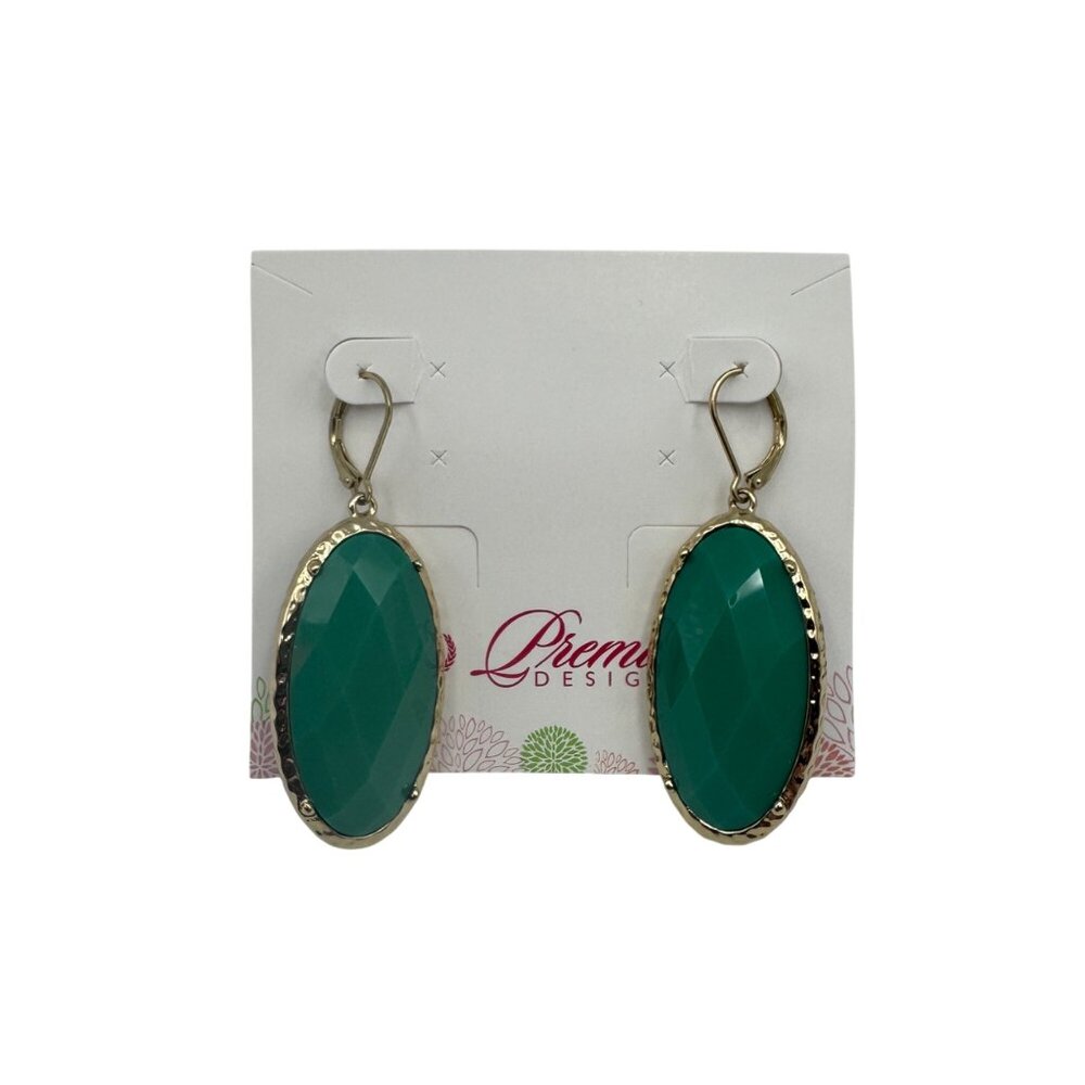 Premier Designs Faceted Oval Drop Earrings Green Gold Plated Lever Back - Picture 2 of 8